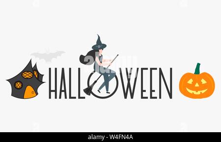 Halloween Vector Illustration mit Inschrift, Halloween, Hexe, Hut, Kürbis, Besen, Haus. Design für Party Karte, Verpackung, Stoff, drucken. Stock Vektor