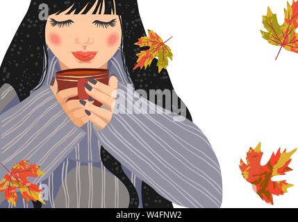 Gemütliche Herbst. Cute horizontale Vektor Bild der Frau mit einer Tasse Tee und fallende Blätter auf einem weißen Hintergrund. Stock Vektor