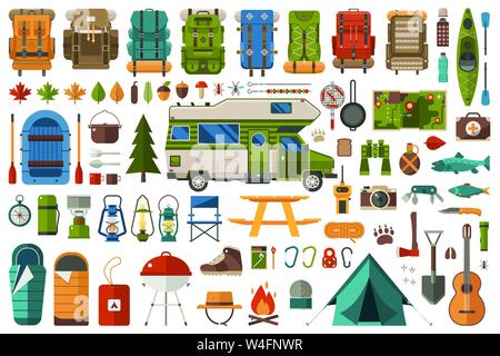 Wandern und Camping Flachbild Symbole Wanderlust Sammlung Stock Vektor