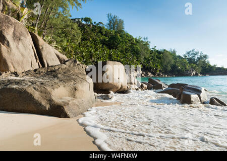 Großen Felsen am Sandstrand Seychellen Strand Landschaft Stockfoto