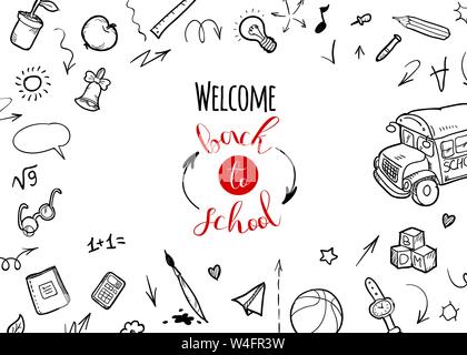 Zurück zu Schule Hintergrund. Banner mit Textur aus Line Art Symbole für Bildung, Wissenschaft Objekte und Bürobedarf auf dem weißen Hintergrund Stock Vektor
