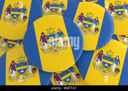 US Stadt Schaltflächen: Stapel von Philadelphia, Pennsylvania Flagge Abzeichen, 3D-Darstellung Stockfoto