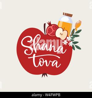 Rosh Hashana, das Jüdische Neue Jahr Grußkarte, Einladung. Hand Schriftzug Shana tova Text mit Apfel, Granatapfel Obst, Honig, Blumen und Olivenbäumen Stock Vektor