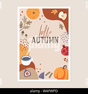 Cute herbst Grußkarte Einladung. Kürbisse, Zimt, buntes Herbstlaub, Apple, Feigen und Kaffee auf abstrakte strukturierten Hintergrund. Freihand Stock Vektor