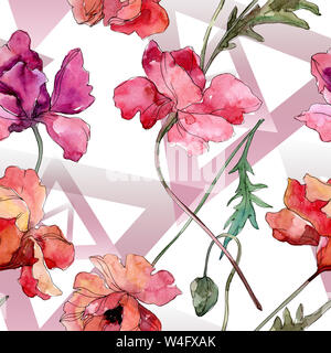 Mohn Blumen botanischen Blume. Wild Federblatt wildflower. Aquarell Abbildung. Aquarell Zeichnung mode Aquarelle. Nahtlose Hintergrund pa Stockfoto