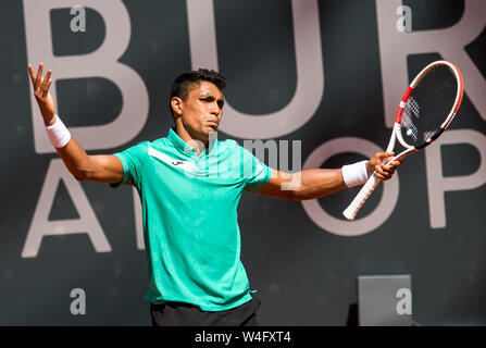 Hamburg, Deutschland. 23. Juli, 2019. Tennis, ATP-Tour, Hamburg European Open, single, Männer, Runde 1, im Stadion am Rothenbaum: Monteiro Brasilien) - Struff (Deutschland). Thiago Monteiro reagiert. Credit: Daniel Bockwoldt/dpa/Alamy leben Nachrichten Stockfoto