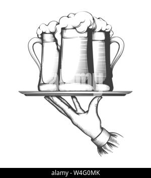 Kellner-Holding-Tablett mit Bier Stock Vektor