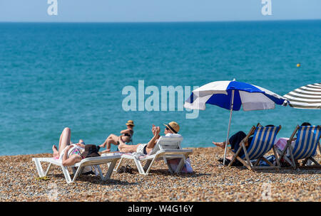 Brighton UK 23. Juli 2019 - Sunseekers Herde zu Brighton Beach, die in herrlich warmen Sonnenschein heute gebadet wird. Hitzewelle Bedingungen sind für den Südosten von Großbritannien mit Temperaturen erwartet, die Mitte der 30er Jahre heute zu erreichen und in den nächsten Tagen erwartet. Foto: Simon Dack/Alamy leben Nachrichten Stockfoto