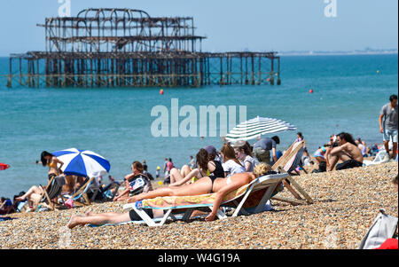 Brighton UK 23. Juli 2019 - Sunseekers Herde zu Brighton Beach, die in herrlich warmen Sonnenschein heute gebadet wird. Hitzewelle Bedingungen sind für den Südosten von Großbritannien mit Temperaturen erwartet, die Mitte der 30er Jahre heute zu erreichen und in den nächsten Tagen erwartet. Foto: Simon Dack/Alamy leben Nachrichten Stockfoto
