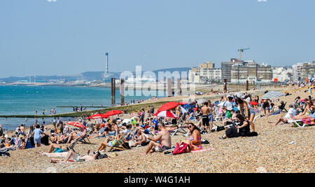 Brighton UK 23. Juli 2019 - Sunseekers Herde zu Brighton Beach, die in herrlich warmen Sonnenschein heute gebadet wird. Hitzewelle Bedingungen sind für den Südosten von Großbritannien mit Temperaturen erwartet, die Mitte der 30er Jahre heute zu erreichen und in den nächsten Tagen erwartet. Foto: Simon Dack/Alamy leben Nachrichten Stockfoto