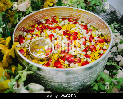 Wasser mit Thai Parfüm in Wasser Pendelarm mit bunten Blumen Blütenblatt und Girlande für Songkran Festival, Thailand, Schüssel mit Blüten wie Jasmin, Ro Stockfoto