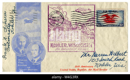 Kohler, Wisconsin, USA - 20. Mai 1938: Uns historische Umschlag: Abdeckung mit der Brüder Wright Gütesiegel. National Air Mail Woche, industrielle Dorf. Stockfoto