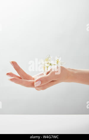 7/8-Ansicht von Frau mit Jasmin an Hand Stockfoto