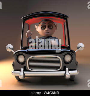 3d cartoon Vampir Dracula Charakter der Fahrt in seiner schwarzen Auto, 3d-Grafik rendern Stockfoto