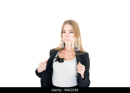 Voller Körper Portrait von glücklich Schöne junge geschäftsfrau, auf weißem Hintergrund. Kaukasische blonden Model für den wirtschaftlichen Erfolg. Stockfoto