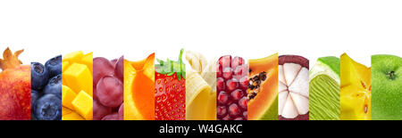 Collage von Obst auf weißem Hintergrund mit Kopie Raum isoliert, frische und gesunde Früchte und Beeren close-up Stockfoto