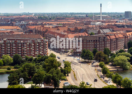 Blick auf die Innenstadt von oben von der Kirche unseres Erlösers, Kopenhagen, Dänemark Stockfoto