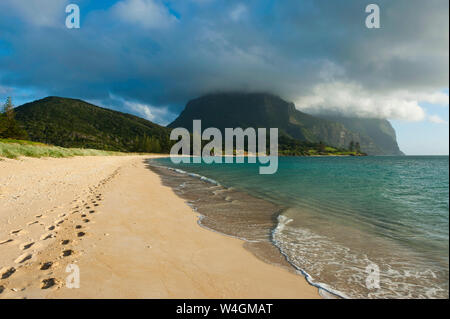 Menschenleeren Strand mit Mount Gower und Mount Lidgbird im Hintergrund auf Lord Howe Island, New South Wales, Australien Stockfoto