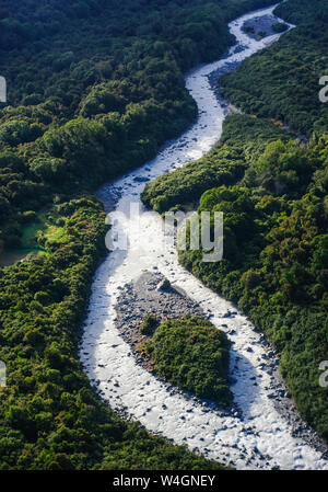 Luftaufnahme der Abfluss von Fox Glacier, South Island, Neuseeland Stockfoto