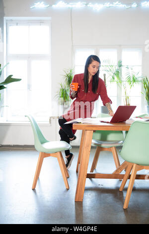 Frau mit Laptop am Tisch im Büro Stockfoto