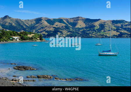 Segelboote im Hafen von Akaroa Halbinsel, Banken, Südinsel, Neuseeland Stockfoto