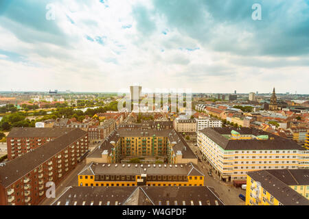 Blick auf die Innenstadt von oben von der Kirche unseres Erlösers, Kopenhagen, Dänemark Stockfoto