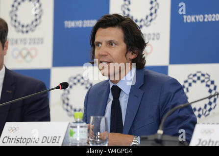 Tokio, Japan. 23. Juli, 2019. Christophe Most, Olympische Spiele, Executive Director des Internationalen Olympischen Komitees (IOC), spricht während der IOC- Tokyo 2020 gemeinsame Pressekonferenz für den 10. Überprüfung des Projekts Treffen zwischen dem IOC und dem Tokyo Organisationskomitees der Olympischen und Paralympischen Spiele (Tokio 2020) in Tokio, Japan, am 23. Juli 2019. Credit: Du Xiaoyi/Xinhua/Alamy leben Nachrichten Stockfoto