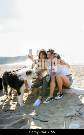 Gerne weibliche Freunde mit Hund eine selfie am Strand Stockfoto