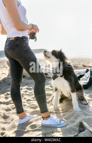 Frau mit Hund am Strand Stockfoto