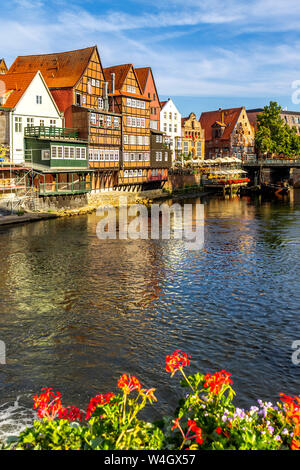 Fachwerk- und Giebelhäuser in Ilmenau Fluss, Lüneburg, Deutschland Stockfoto