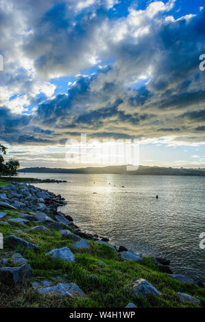 Am späten Nachmittag Licht bei Sonnenuntergang über dem Ufer des Lake Taupo, Nordinsel, Neuseeland Stockfoto