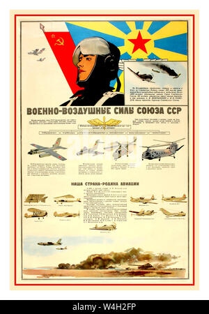 Original Vintage 1961 Ukraine UDSSR Propaganda Poster - Luftwaffe der Sowjetunion - mit Pilot vor der sowjetischen Luftstreitkräfte und Hammer und Sichel Flaggen über verschiedene Modelle von Flugzeugen und Hubschraubern mit Text auf sowjetischen Luftfahrt und Beschreibungen und ein kleineres Bild von einer Ebene auf eine andere Ebene nach unten schießen und Tanks mit Rauch an der Unterseite. Ukraine 1961, Designer: eine kaplun ich Sorokopud, Stockfoto