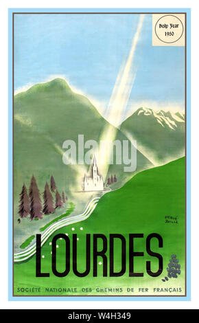 LOURDES Jahrgang 1947 travel Poster für die kleinen französischen religiösen Tourismus Markt Stadt Lourdes in den Ausläufern der Pyrenäen gelegen, einer der wichtigsten Sehenswürdigkeiten der Welt der Wallfahrt und des religiösen Tourismus. Frankreich, 1947, Designer: Herve Baille, Stockfoto