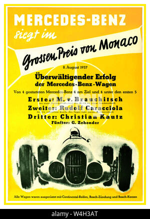 MONACO GRAND PRIX 1937 Vintage-Motorsportplakat für Mercedes-Benz beim Monaco Grand Prix / Grossen Preis von Monaco 8. August 1937. Mit einem Mercedes Benz Rennwagen auf einem leuchtend gelben Hintergrund unter dem Mercedes-Logo. Deutschland, 1950er, Gewinner M V BRAUCHITSCH 2.Rudolf CARACCIOLA 3. Christian KAUTZ Stockfoto