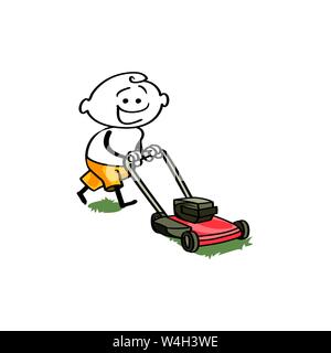 Lächelnd Mann in Shorts schneiden den Rasen mit einer Hand Mäher Stock Vektor