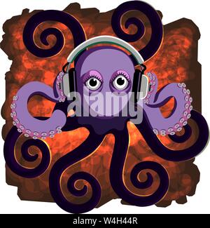 Kühlen 8 legged Octopus wide eyed tragen ein Paar der Schalldämmung headlphones halten Es ist Hände an die Kopfhörer Lautsprecher Stock Vektor