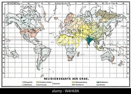 Religionen Karte der Welt, 19. Jahrhundert Stockfoto