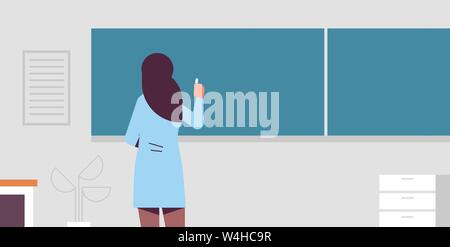 Arabische weibliche Lehrerin stand vor der grüne Kreidetafel Rückansicht Frau in traditioneller Kleidung schreiben auf der Schiefertafel Bildung Konzept Stock Vektor