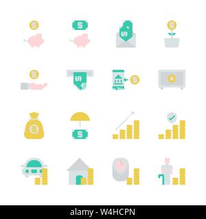 Geld sparen und Investitionen in flachen Icon Set. Vector Illustration Stock Vektor