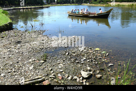 23 Juli 2019, Sachsen-Anhalt Wörlitz: Wörlitzer Park, ein Gondelfahrten auf dem Großen See hinter einer Uferzone, die nicht mehr von Wasser bedeckt ist. Das Wasser wurde bereits mit einem halben Meter auf Grund der Witterungsbedingungen gesunken. Dies bedeutet, dass die Gondeln mit den Besuchern navigieren können den großen See, aber nicht mehr die Kanäle. Foto: Waltraud Grubitzsch/dpa-Zentralbild/dpa Stockfoto