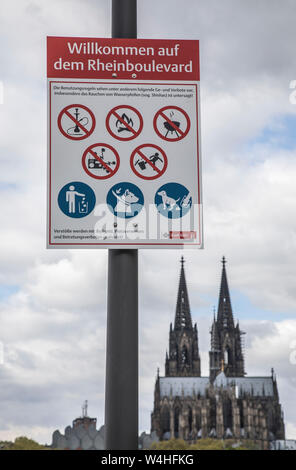 Verbotsschild am Ufer des Rheins, Terrassen, Rheinboulevard, an der Deutzer Werft, am Rhein, gegenüber der Kathedrale und der Altstadt, Co Stockfoto