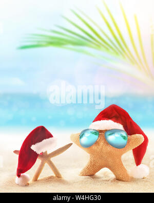 Seesterne in Santa Hut auf dem Sommer Strand. Weihnachten Konzept. Stockfoto