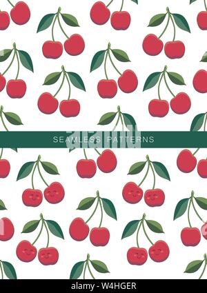 Zwei Hintergründe mit Kirsche. Vektor nahtlose Muster mit zwei isolierten Kirschen auf einem weißen Hintergrund wiederholt. Endlose Textur. Süße Kirschen in Stock Vektor