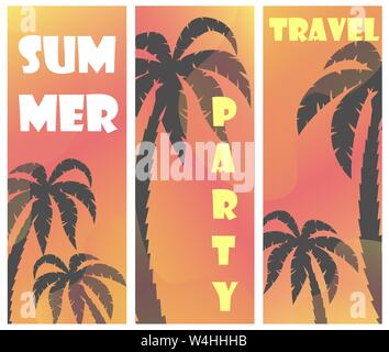 Satz von drei Vektor Sommer Poster mit Palme Silhouetten und Farbverlauf Hintergrund. Sonnenuntergang am Strand. Beach Party. Urlaub am Meer. Stock Vektor