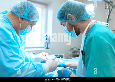 Ein erfahrener Chirurg in einer Maske und Kleid betreibt, die in einem sterilen Operationssaal mit einem Assistenten und einem anästhesisten. Eine Gruppe von Chirurgen bei der Arbeit. Stockfoto