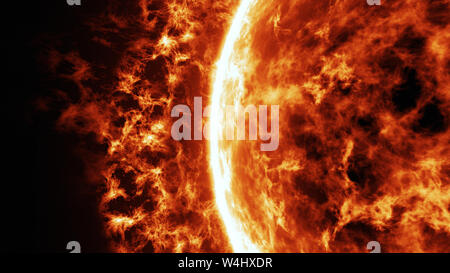 Sun Oberfläche mit solaren Flares - hautnah. Abstrakten wissenschaftlichen Hintergrund. 3D-Darstellung. Stockfoto