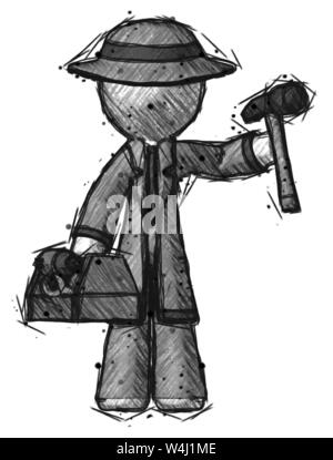 Skizze Detektiv Mann, Werkzeuge und toolchest bereit zu arbeiten. Stockfoto