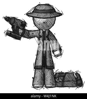 Skizze Detektiv Mann mit Bohrer bereit zu arbeiten, toolchest und Werkzeuge nach rechts. Stockfoto