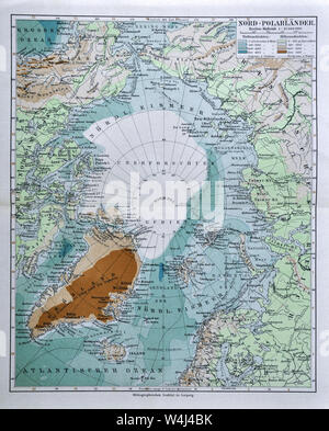 1900 Meyer Karte der Nordpol Arktis mit Grönland Kanada Russland Alaska Stockfoto