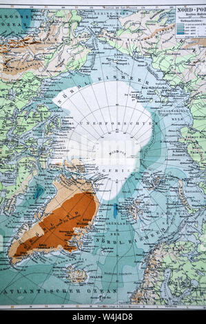 1900 Meyer Karte der Nordpol Arktis mit Grönland Kanada Russland Alaska Stockfoto